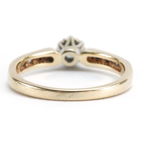 2095 - 14ct gold diamond solitaire ring with diamond set shoulders, the diamond approximately 3.5mm in diam... 