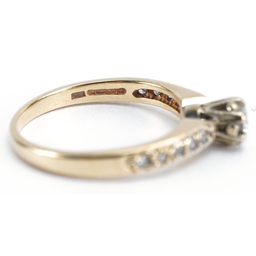 2095 - 14ct gold diamond solitaire ring with diamond set shoulders, the diamond approximately 3.5mm in diam... 