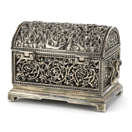 715 - Silver plated jewellery casket in the form of a dome topped treasure chest with twin handles, 9cm wi... 