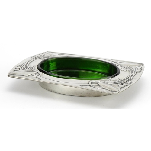 191 - Archibald Knox for Liberty & Co, Arts & Crafts pewter butter dish with green glass liner, impressed ... 