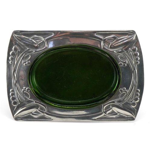 191 - Archibald Knox for Liberty & Co, Arts & Crafts pewter butter dish with green glass liner, impressed ... 