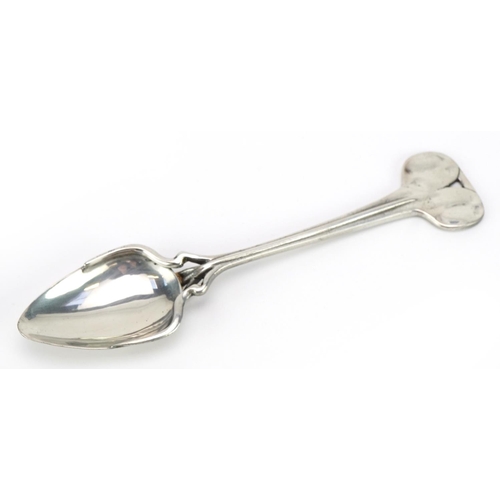 194 - Archibald Knox for Liberty & Co, Arts & Crafts pewter spoon with love heart design terminal, 16.5cm ... 