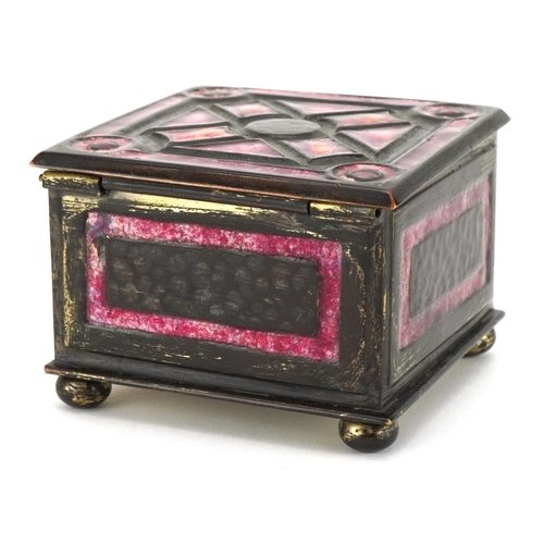 8 - Tiffany Furnaces, French Art Deco bronzed metal and enamel four footed jewel casket, impressed Louis... 
