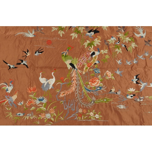 143 - Large Chinese silk panel embroidered with birds of paradise amongst ducklings in water and flowers, ... 