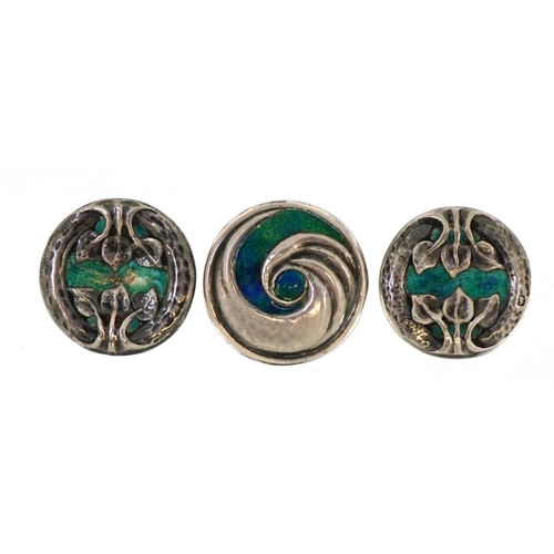 186 - Archibald Knox for Liberty & Co, three Arts & Crafts silver and enamel buttons including a pair mark... 