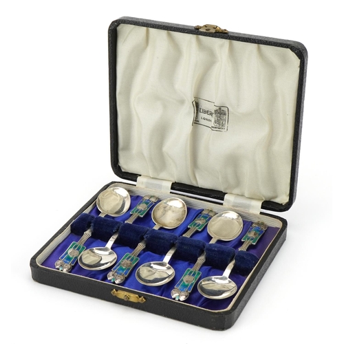 185 - Archibald Knox for Liberty & Co, set of six Art Nouveau silver and enamel teaspoons with velvet and ... 