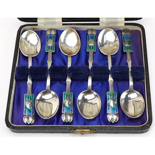 185 - Archibald Knox for Liberty & Co, set of six Art Nouveau silver and enamel teaspoons with velvet and ... 