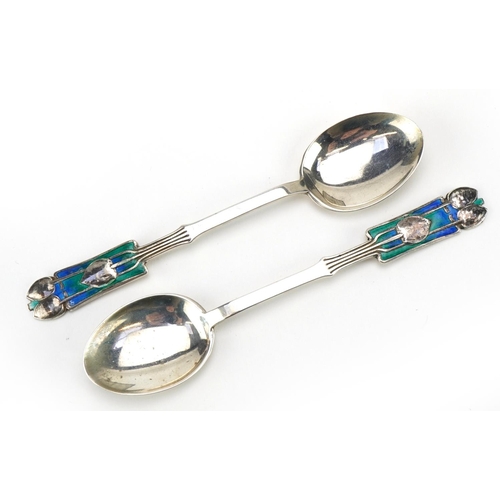 185 - Archibald Knox for Liberty & Co, set of six Art Nouveau silver and enamel teaspoons with velvet and ... 