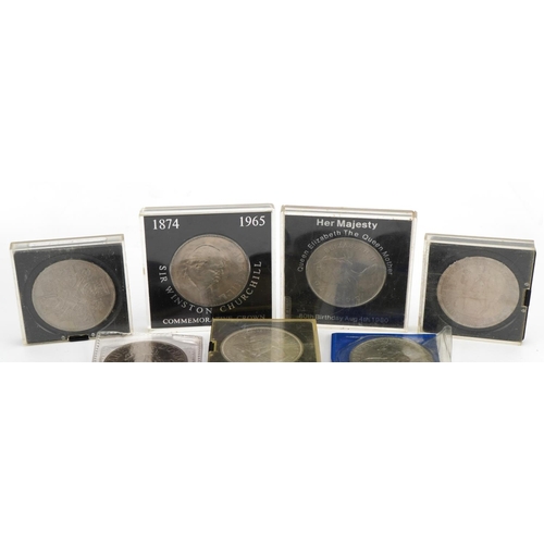 733 - Three cased Elizabeth II five shillings, five Sir Winston Churchill commemorative crowns including a... 