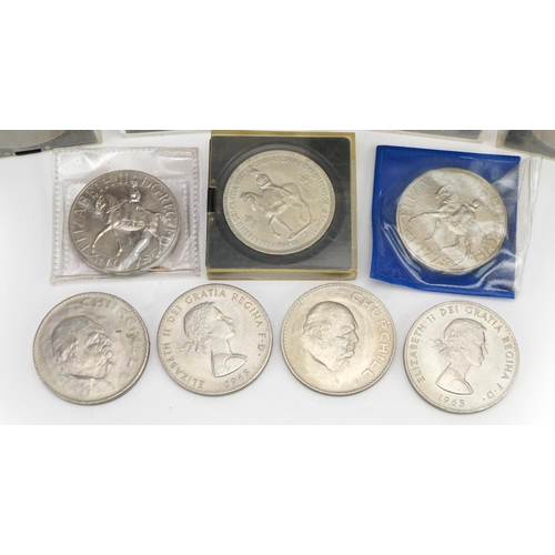 733 - Three cased Elizabeth II five shillings, five Sir Winston Churchill commemorative crowns including a... 