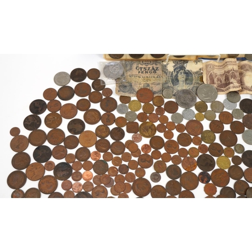 2524 - Collection of antique and later British and world coinage and banknotes including pennies and shilli... 