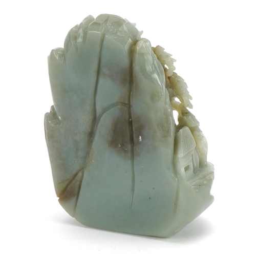 262 - Chinese green and russet jade landscape carving of a fisherman before mountains, 11cm high