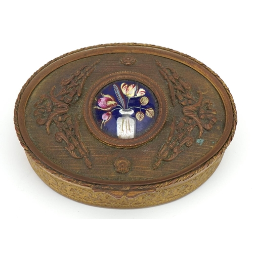 405 - 19th century gilt brass oval jewel box with inset circular enamel panel hand painted with flowers, 1... 