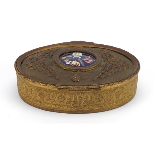 405 - 19th century gilt brass oval jewel box with inset circular enamel panel hand painted with flowers, 1... 