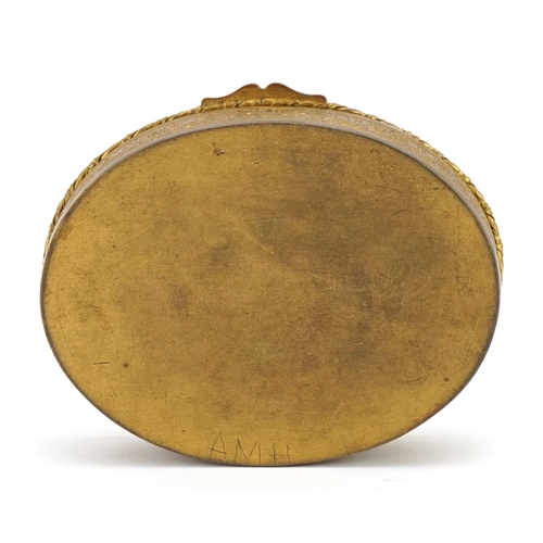 405 - 19th century gilt brass oval jewel box with inset circular enamel panel hand painted with flowers, 1... 