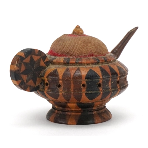 407 - Victorian sewing interest Tunbridge Ware pincushion and wheel in the form of a teapot, 7cm in length