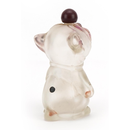 765 - Vintage frosted glass scent bottle in the form of Bonzo the Dog, 7.5cm high