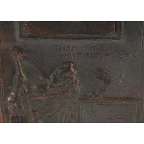 300 - Art Nouveau copper wall plaque embossed with a man holding a scythe and motto Time and tide wait for... 