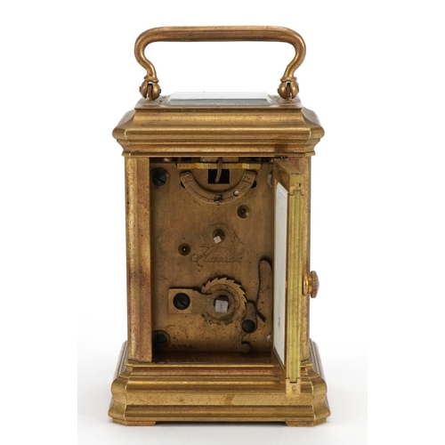 234 - Miniature brass carriage clock with Sevres type panels and Roman numerals numbered 3006 to the backp... 