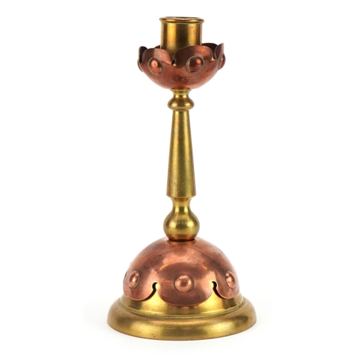 299 - Attributed to W A S Benson, Arts & Crafts copper and brass candlestick in the manner of Christopher ... 