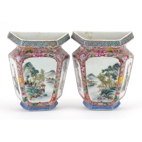 66 - Pair of Chinese porcelain half vase wall pockets hand painted in the famille rose palette with lands... 