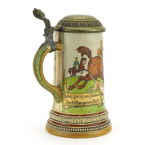 562 - Hauber and Reuther, German pottery stein hand painted and incised with a hunting scene, impressed ma... 