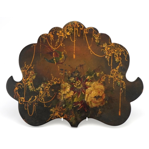 474 - Regency lacquered pole screen hand painted with a bird amongst flowers and swags, 45cm wide