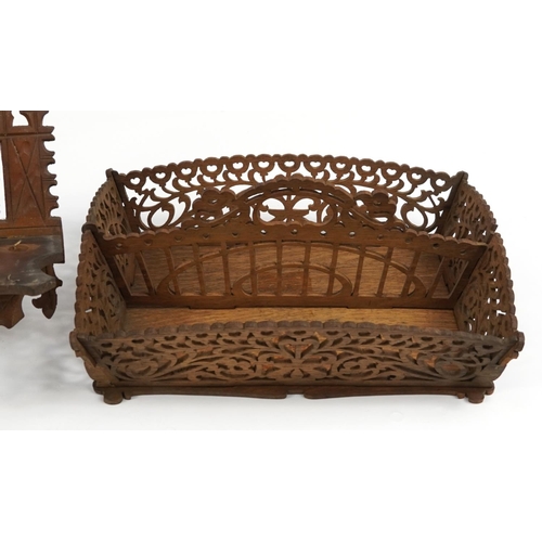 309 - Victorian and later woodenware including gothic folding pipe rack, oak twin divisional basket and a ... 