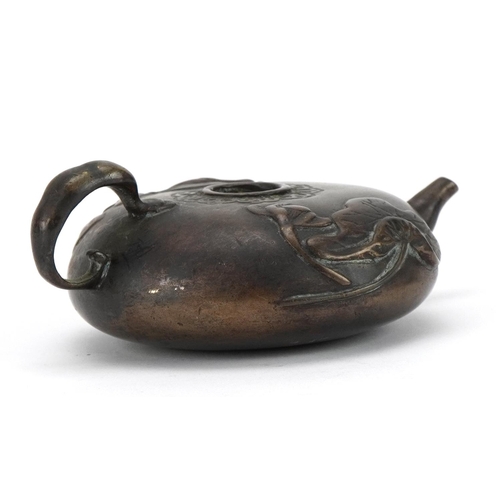 775 - Chinese patinated bronze water dropper in the form of a teapot, 12cm in length