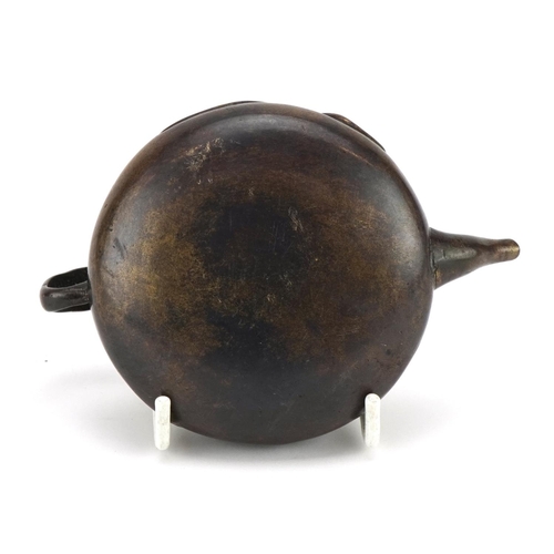 775 - Chinese patinated bronze water dropper in the form of a teapot, 12cm in length