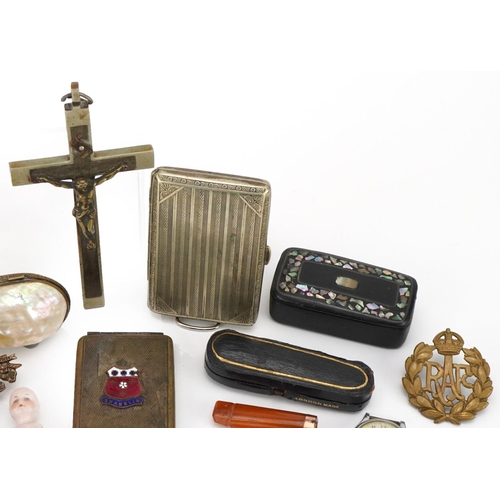 633 - Objects and sundry items including amber coloured cheroot with 9ct gold mount, Royal Engineers silve... 