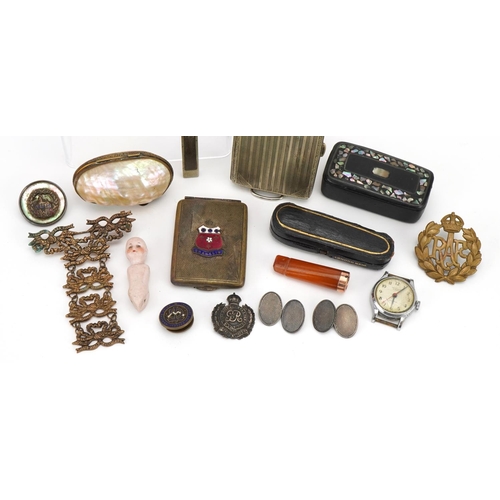 633 - Objects and sundry items including amber coloured cheroot with 9ct gold mount, Royal Engineers silve... 