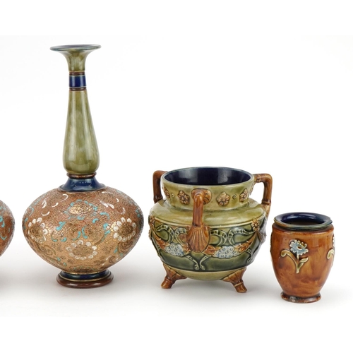 485 - Royal Doulton stoneware comprising three pairs of vases and a three footed cauldron, the largest eac... 