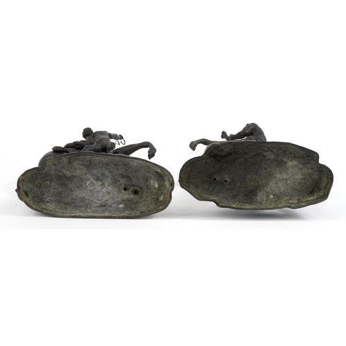 476 - After Guillaume Coustou the Elder, Pair of patinated spelter Marly horses with trainers, 40cm high