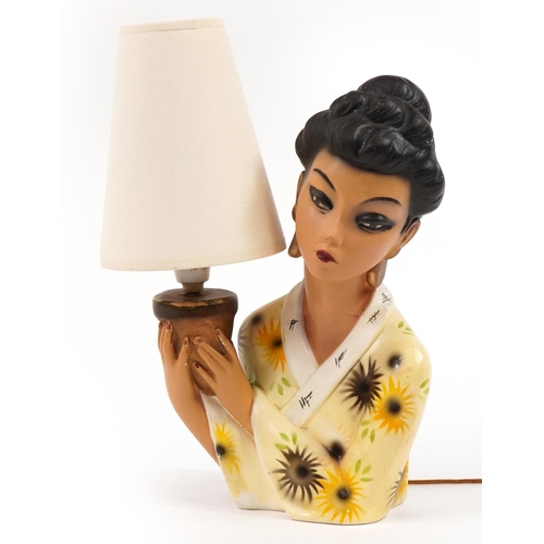 649 - 1970s hand painted plaster table lamp in the form of an Asian lady holding a pot, impressed registra... 