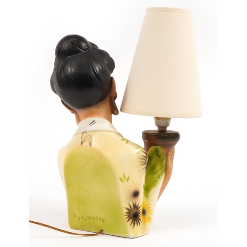 649 - 1970s hand painted plaster table lamp in the form of an Asian lady holding a pot, impressed registra... 