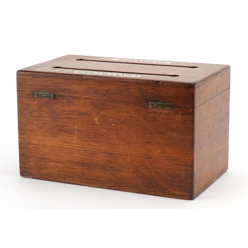 311 - Victorian oak correspondence box with hinged lid having two apertures inscribed answered and unanswe... 