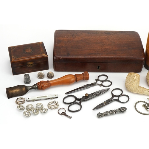 632 - Victorian and later objects and sundry items including an antique chisel with carved fruit wood hand... 