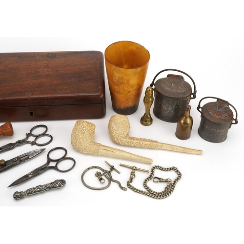 632 - Victorian and later objects and sundry items including an antique chisel with carved fruit wood hand... 