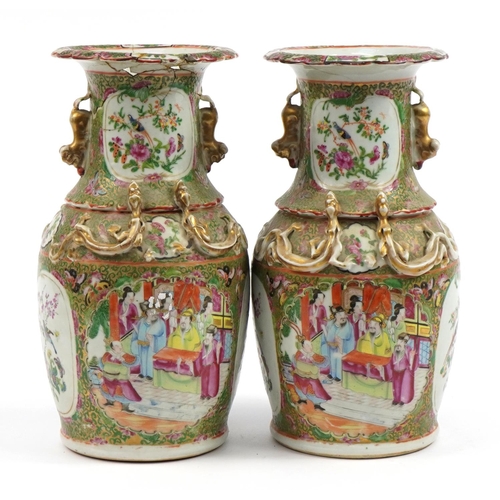 506 - Pair of Chinese porcelain Canton vases with animalia relief decoration and twin handles, hand painte... 