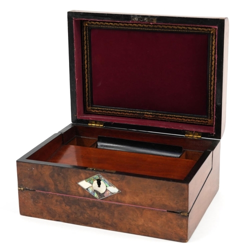 313 - Victorian ladies burr walnut workbox with writing slope having mother of pearl and abalone inlay, 15... 