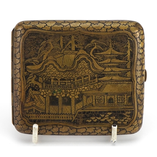 214 - Japanese damascene Komai style card case decorated with pagodas and birds of paradise, 9cm wide