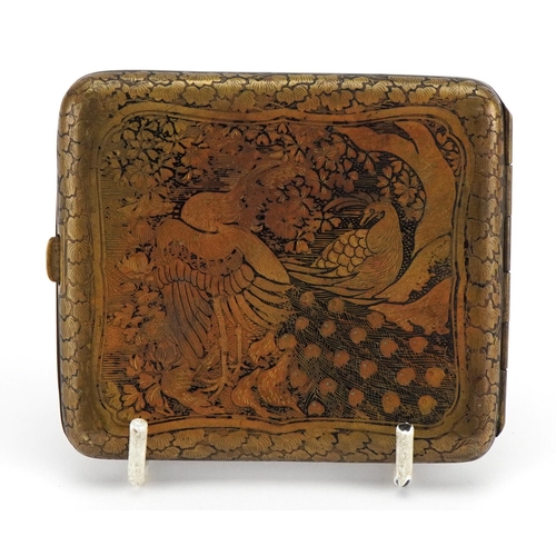 214 - Japanese damascene Komai style card case decorated with pagodas and birds of paradise, 9cm wide