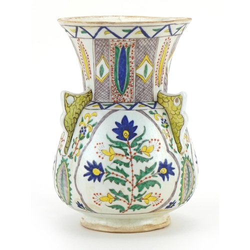 82 - Turkish Kutahya pottery mosque lamp hand painted with stylised flowers, 22cm high