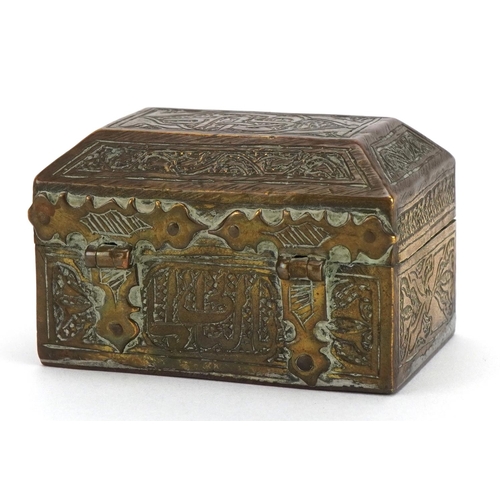 279 - Islamic brass miniature casket with calligraphy, 6cm wide