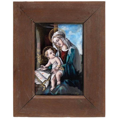 447 - Limoges, 19th century French enamel plaque hand painted with Madonna and child, housed in a hardwood... 