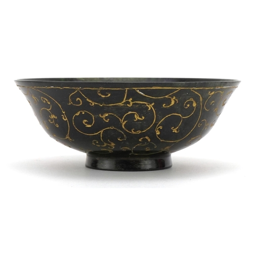 154 - Islamic Ottoman green jade bowl incised with foliage, 13cm in diameter