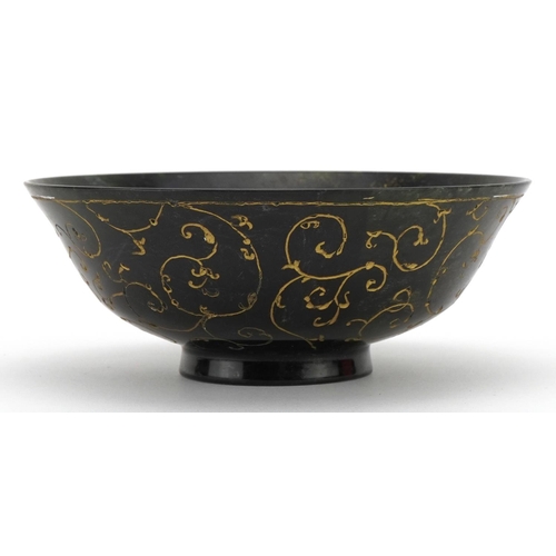 154 - Islamic Ottoman green jade bowl incised with foliage, 13cm in diameter