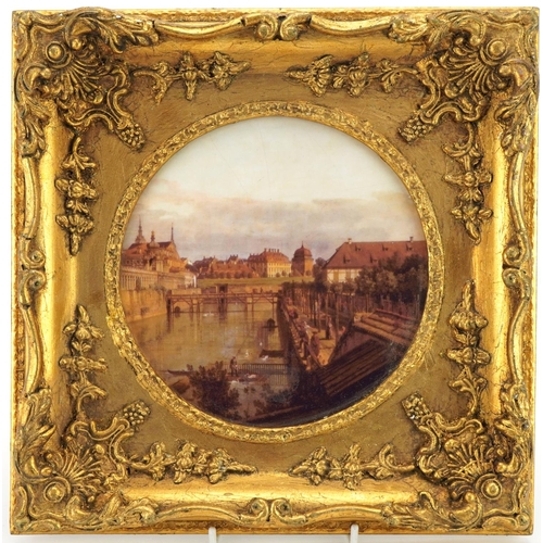 361 - Continental porcelain plaque decorated with figures beside a canal possibly Amsterdam, gilt framed, ... 