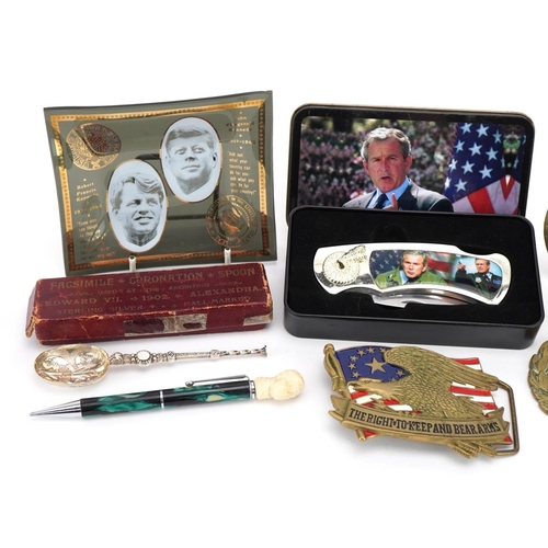 759 - British and American political interest collectables including folding knife, American enamel buckle... 